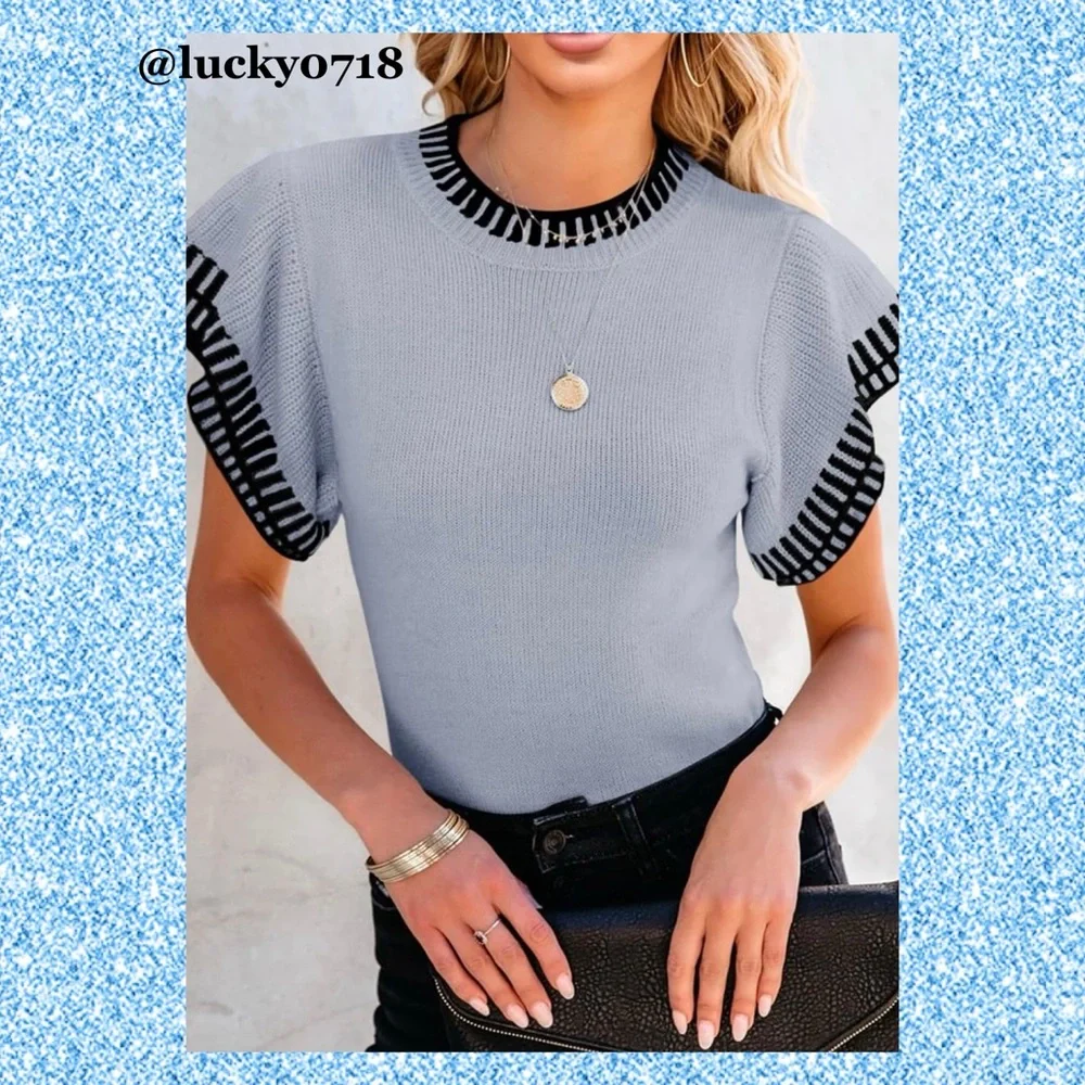 Saodimallsu EUC Ruffle Short Flutter Sleeve Knit Sweater Top in Blue Sz S - Picture 2 of 8